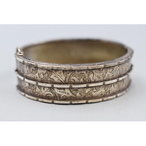 30 - Vintage Silver etched bangle with safety chain