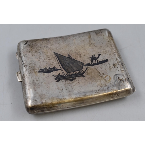 33 - A Fine Iraqi Niello Silver Cigarette Case with both signed engraved and curved edges (152 grams)