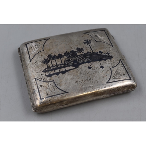 33 - A Fine Iraqi Niello Silver Cigarette Case with both signed engraved and curved edges (152 grams)