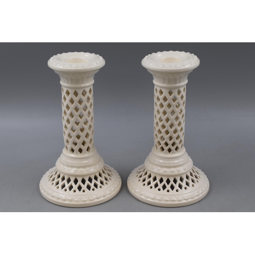 368 - Pair of Vintage Royal Creamware Fine China Lattice Decorated Candlestick Holders 7