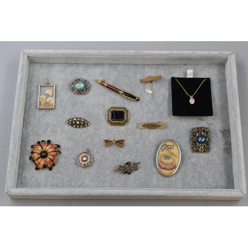 56 - Mixed Jewellery Tray of Mainly Brooches Includes Quirky Fountain Pen Brooch and Silver