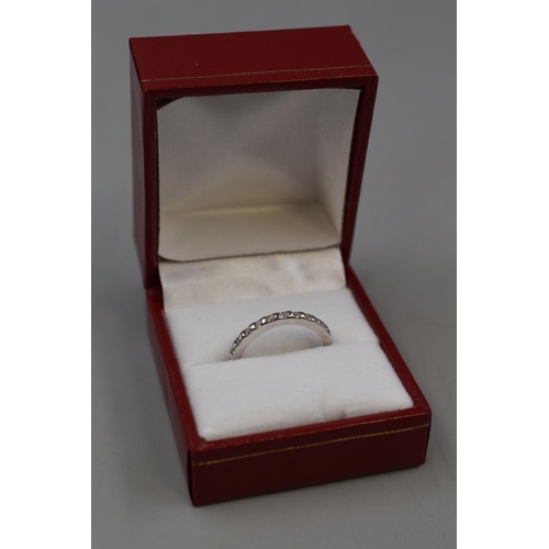 63 - Silver 925 Half Diamante Style Band Ring Size Q. Complete in Presentation Box.