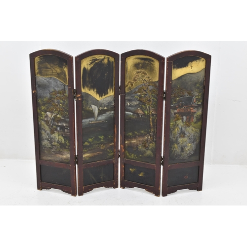 395 - Antique Four Panel Reversable Folding Wooden Lacquered Fire Screen Depicting Far Eastern Scene and B... 