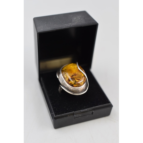 70 - Silver 925 Amber Stoned Ring Complete with Presentation Box