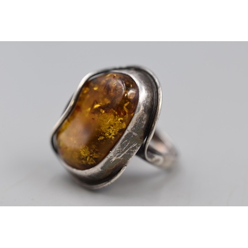 70 - Silver 925 Amber Stoned Ring Complete with Presentation Box