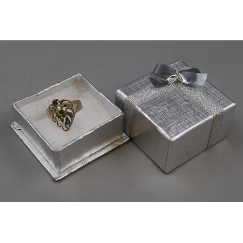 75 - Silver Leaf Design Ring with Lime Green Stone, Size Q. Complete in Box