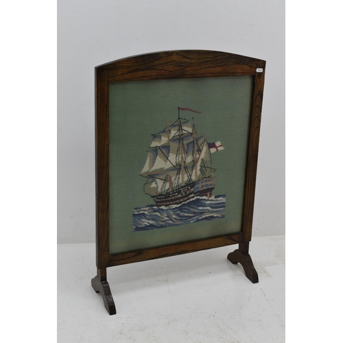 396 - Oak Framed Naval Tapestry Fire Screen approx. 59cm x 80cm