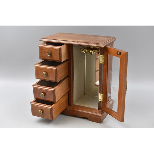 397 - Desk Side Jewellery Box in Style of Wardrobe, Four Drawer and Glass door with Necklace Holder approx... 