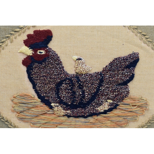 453 - Embroidered Wall Tapestry Wool on Hessian Depicting Hen and Chick on Nest approx 36