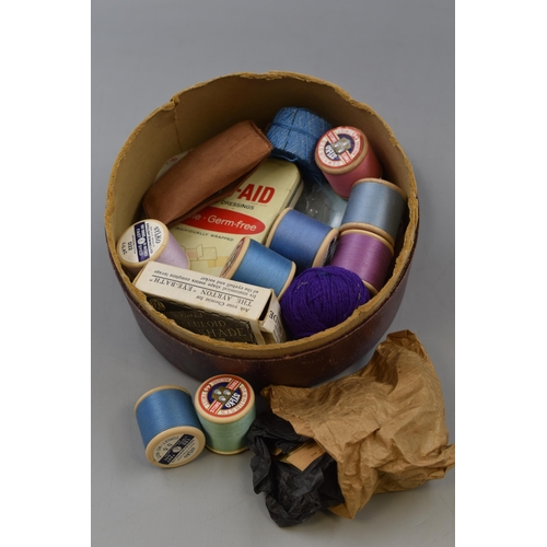 467 - A Vintage Leather Collar Box, Containing a Selection of Sewing Items.