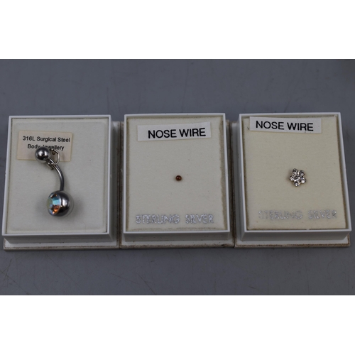 173 - Sterling Silver Nose Studs, Earrings and a Surgical Steel Belly Button Bar