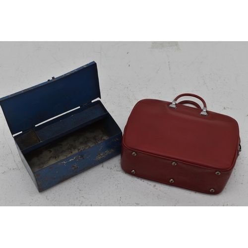 523 - A Blue Metal Storage Box and A Vintage Leather 'Revelation' Bag.