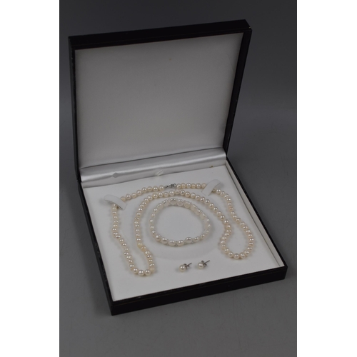 192 - Sterling Silver 925 Pearl Necklace, Bracelet and Earring Set in Presentation Box