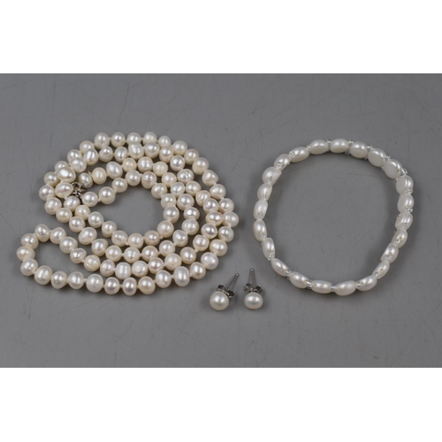 192 - Sterling Silver 925 Pearl Necklace, Bracelet and Earring Set in Presentation Box