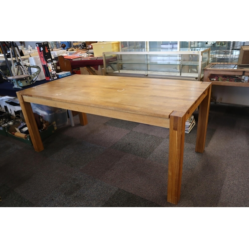 559 - Large heavy Pine dinning Table with Six Matching Chairs with Fabric Seating (6ft x 3ft) as removable... 