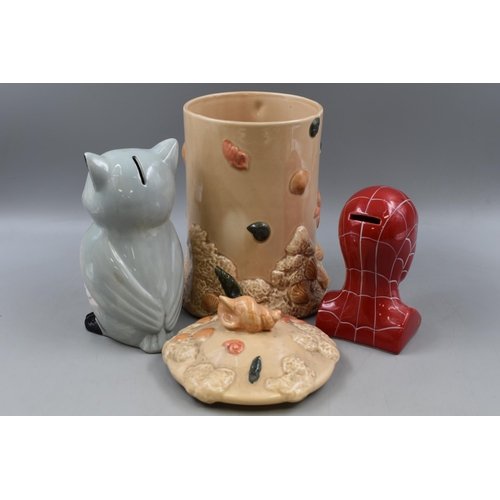 212 - Seashore themed Lidded Storage Jar and two Money Boxes (Owl & Spiderman)