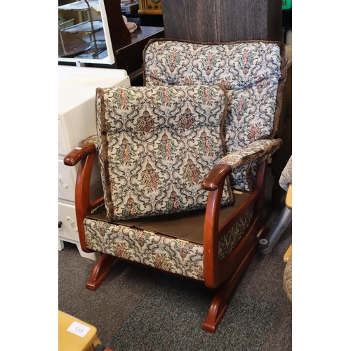 599 - Mid Century Spring Loaded Rocking Chair Decorated in Parker Knoll Style Material