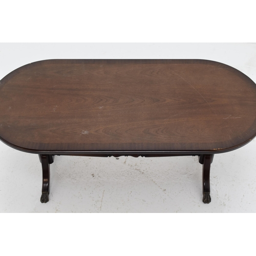 612 - Oval Mahogany Pedestal Coffee Table by Strongbow In Georgian Design with splay Metal Feet, 39