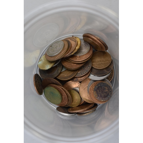 240 - A Tub Containing a Selection of Unsorted Worldwide Coins and Banknotes.