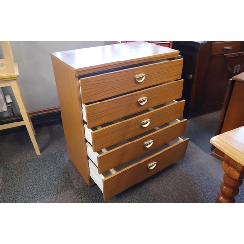 634 - Mid Century Teak Effect Five Drawer Bedroom Unit on Castors 36