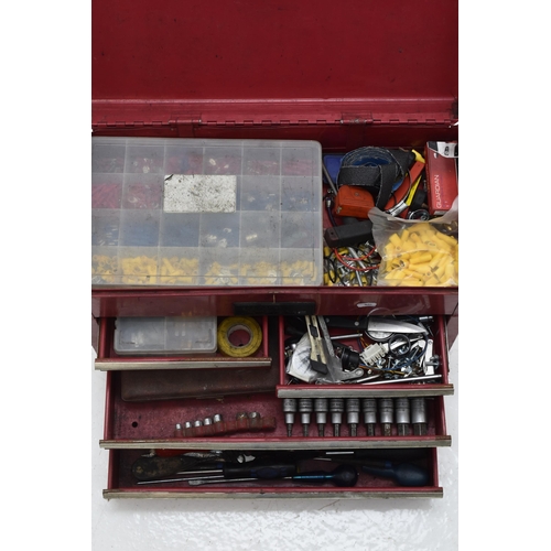 639 - A Four Drawer Metal Toolbox, With An Assortment of Tools. Approx 33cm Tall.