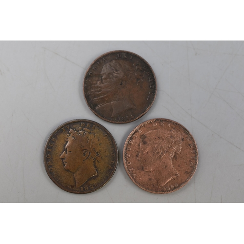 259 - Three Farthing Coins; 1826, 1840 And 1854.