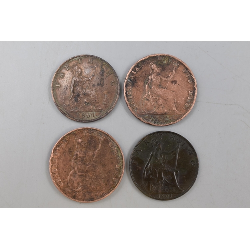 261 - Four Victorian Farthing Coins; 1840, 1847, 1861 And 1901