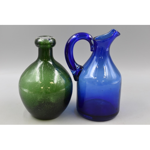 271 - Two Glass Hand Blown Pitchers to include Cobalt Blue and Emerald Green Largest 9