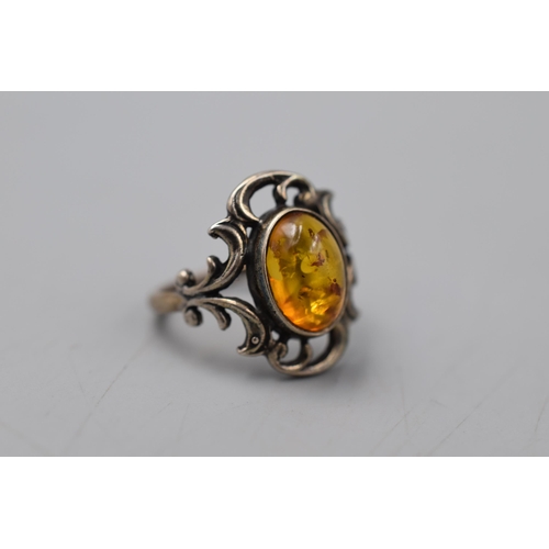 13 - Amber Sterling Silver Ring Approx Size N