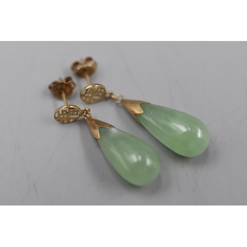 14 - Pair of 9 Carat Gold Jade Drop Earrings