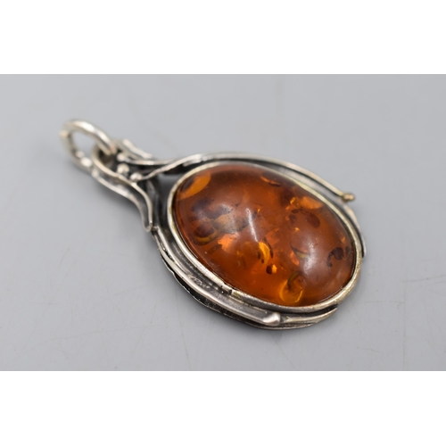 30 - Sterling Silver Amber Pendant Approx 6cm Long