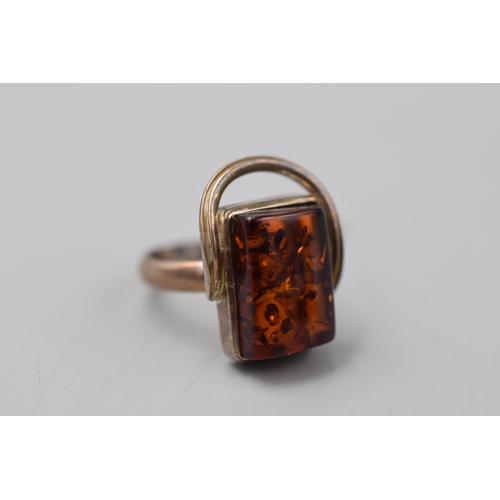 33 - Sterling Silver Amber Ring Size O In Presentation Box