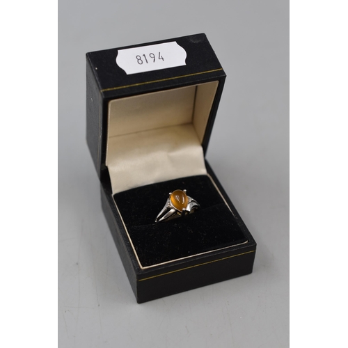 35 - Sterling Silver Ring With Amber Coloured Stone in Presentation Box. Ring is Size O