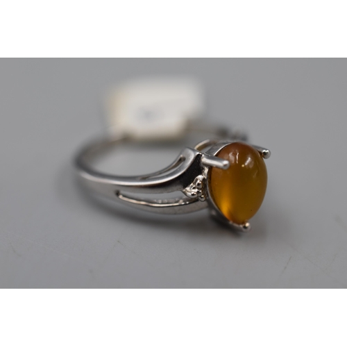 35 - Sterling Silver Ring With Amber Coloured Stone in Presentation Box. Ring is Size O