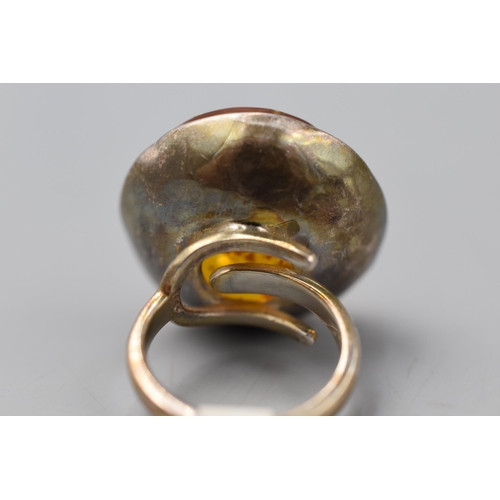 39 - Sterling Silver Amber Ring Size M. Approx 3cm Diameter