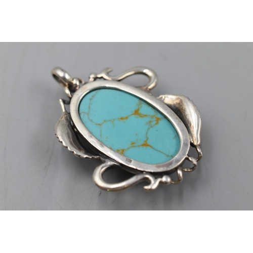 57 - Sterling Silver Turquoise Oval Pendant 5cm Long Approx