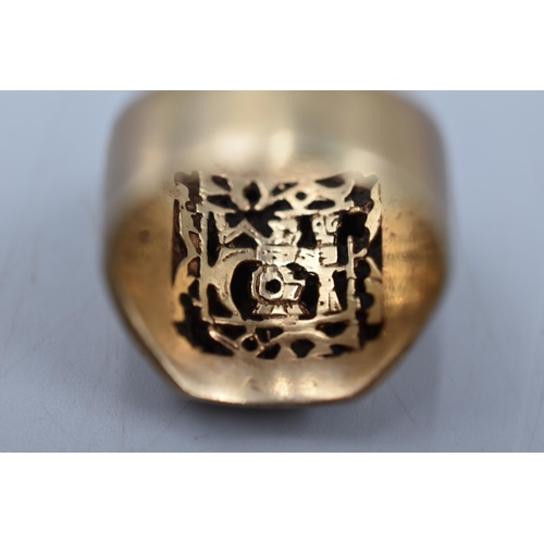 66 - Sterling Silver Gilt Ring with Inca Style Design Size Y Weighs Approx 14 Grams