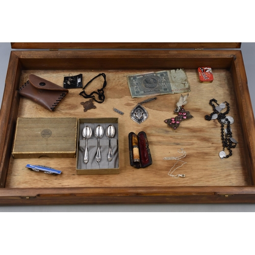 364 - A Wooden and Glass Display Case With A Selection of Vintage Items. Includes Rosary Beads, Silver Bro... 