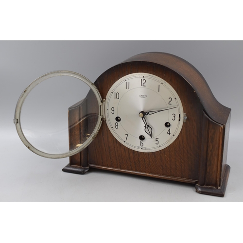 368 - Smiths Art Deco Oak Cased Westminster Chime Mantle Clock complete with Key and Pendulum