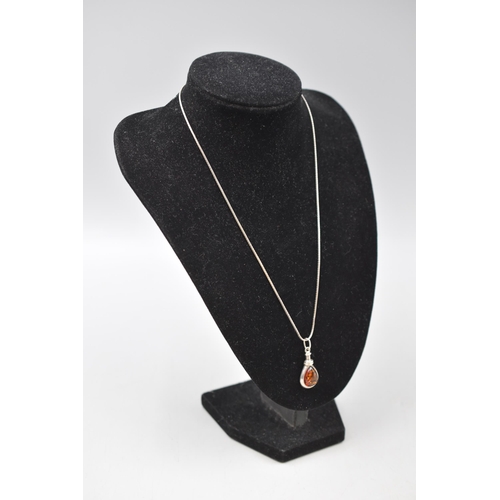 114 - Silver 925 Amber Stoned Pendant Necklace