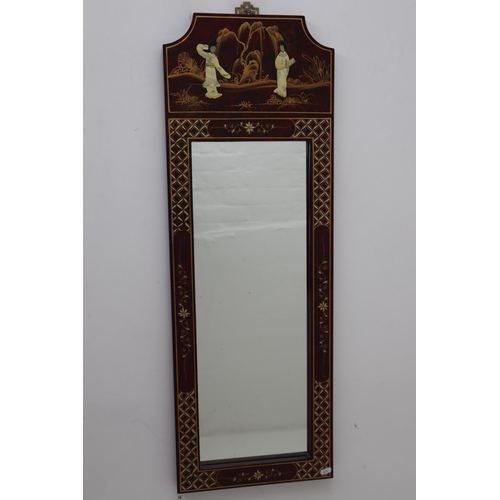 402 - Oriental Wall Mirror with Lacquered Finish and Mother of Pearl Overlayed Figures  (40