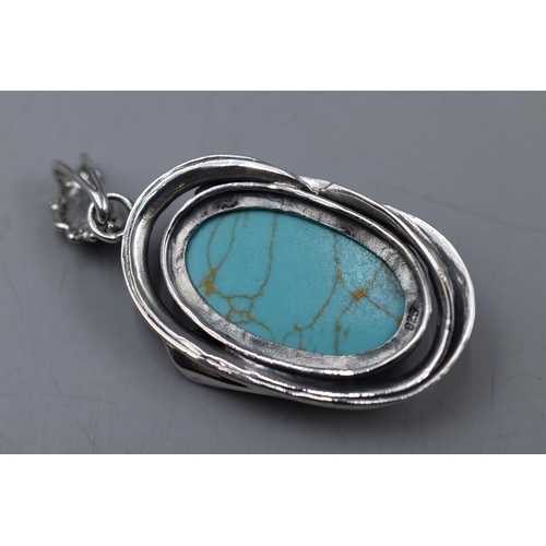 240 - Sterling Silver Turquoise Oval Pendant 6cm Long Approx