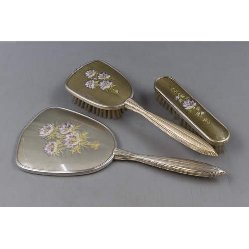 474 - A Vintage Embroidered and Chrome Dressing Table Set. Includes Hand Mirror and Bruches.