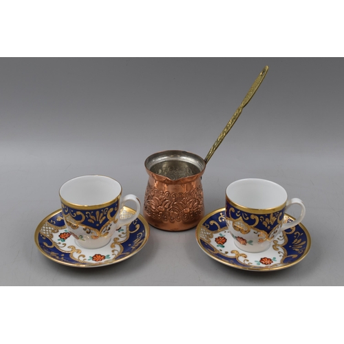 478 - Turkish Kutahya Porcelain Two Cup and Saucer Coffee Set And Ladle in Blue Velvet Style Presentation ... 