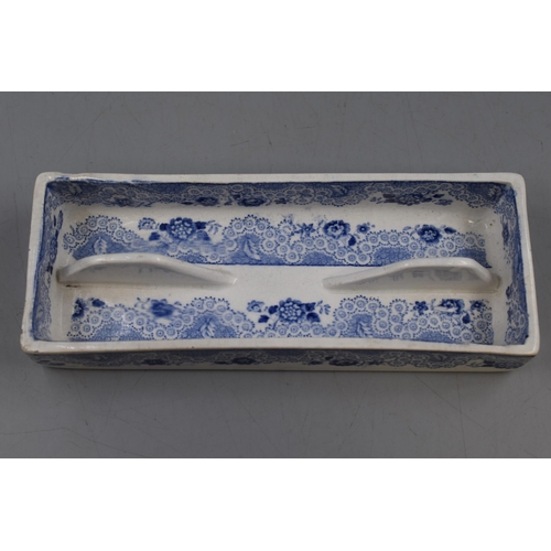 343 - Antique Pearlware Blue & White Transfer Razor Toothbrush Dish Holder circa 1800s (16cm x 6cm)