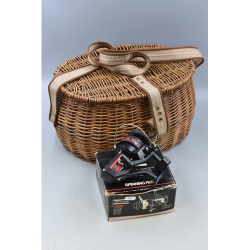 676 - Vintage Rattan Fishing Basket and a Shakespeare OMNI 070 2000a Series Fishing Reel in Box