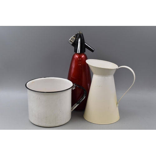 680 - BOC Soda Syphon Large Enamelled Mug and a Tin Plate Jug