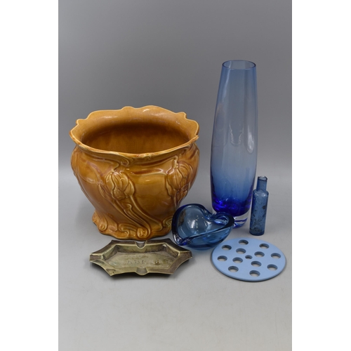 687 - Mixed Lot to include a large Vintage Planter, Two Pieces of Blue Glass, Antique Blue Glass Bottle, V... 