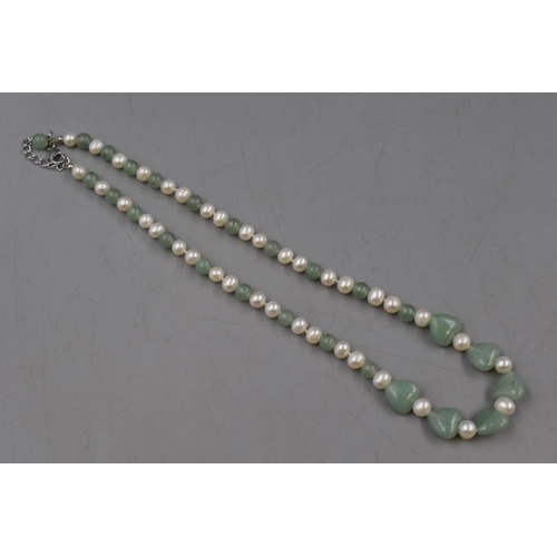 19 - Pearl and Jade Sterling Silver Necklace With Jade Hearts
