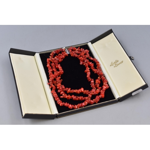 22 - Sterling Silver 3 String Red Coral Necklace With Tag In Presentation Box